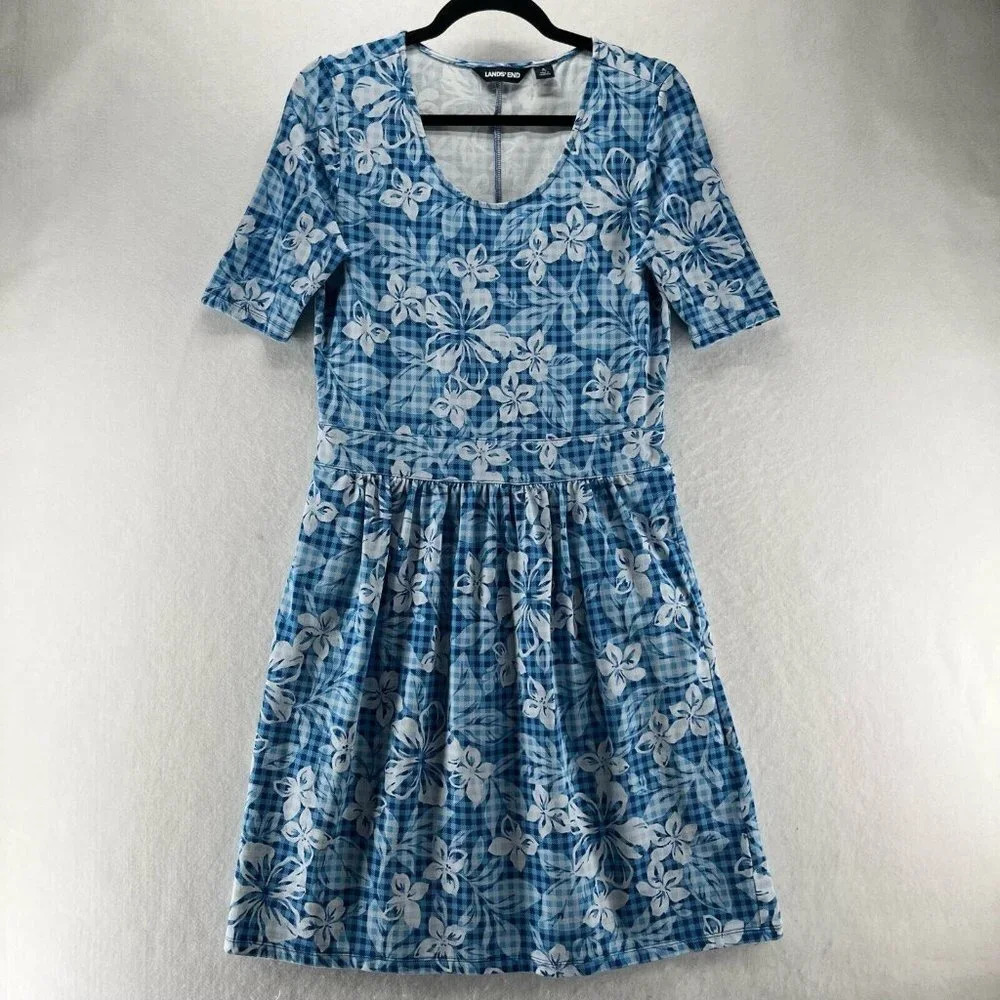 Lands End Dress S 6-8 Floral Check Short Sleeve A-Line Stretch Cotton Modal Blue - Picture 1 of 12